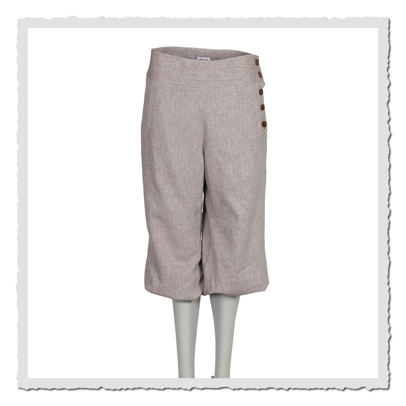 Graubraune Damen-Knickerbocker in Vorderansicht auf grauen Schaufensterbeinen vor weißem Hintergrund.